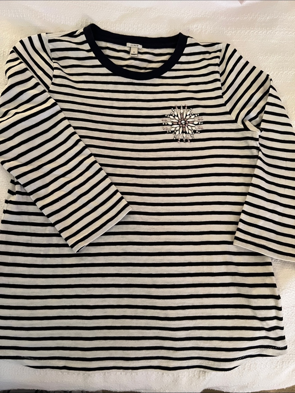 J. Crew Navy & White Striped 3/4 Long Sleeve Top with Jewel Motif LIKE NEW